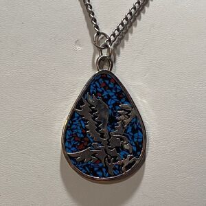 Sterling Silver Marked 880 Turquoise & Coral Inlay Eagle Pendant Necklace
